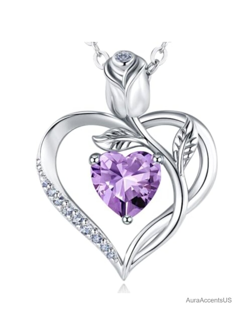 18K White Gold over S925 Silver Heart Birthstone Pendant Necklace